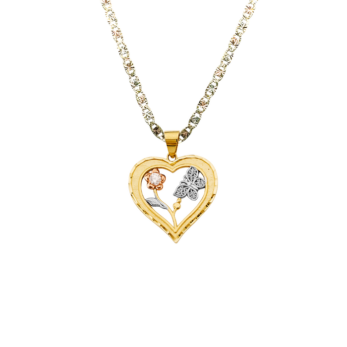 14k Gold Heart Necklace - Tri Tone Gemstone Flower Butterfly Gold Heart Pendant - Solid Chain - LE2926