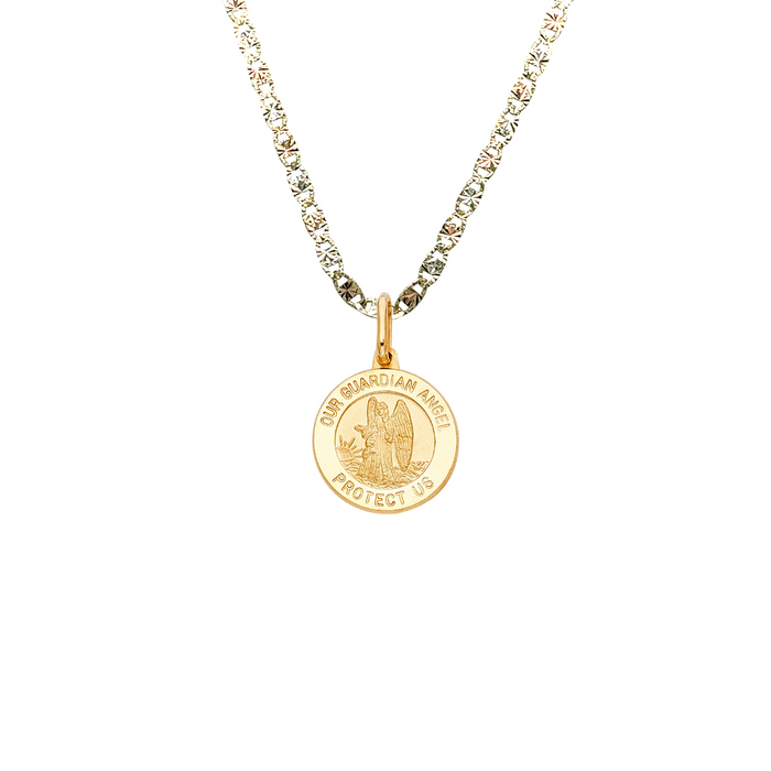 14k Gold Saint Michael Pendant - Round High Polish Gold Pendant - Solid Chain - LE0283