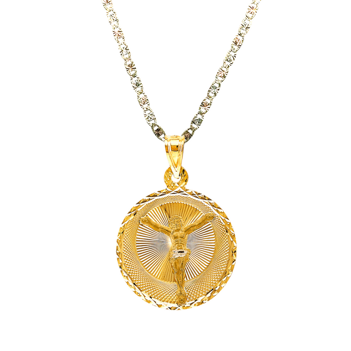 14k Gold Jesus Necklace - Diamond Cut Round Jesus Gold Pendant - Solid Chain - LE2883