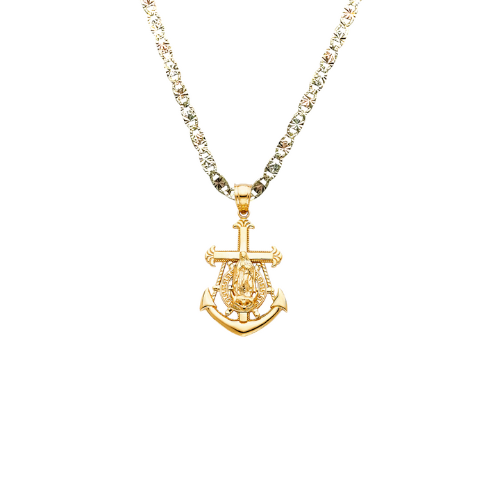 14k Gold Virgin Mary Necklace - Anchor Virgin Mary Gold Pendant - Solid Chain - LE1230