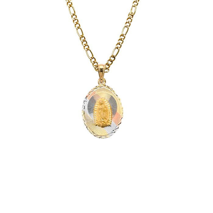 14k Gold San Judas Chain - Tri Tone Double Sided San Judas Virgin Mary Gold Pendant - Solid Chain - LE3153