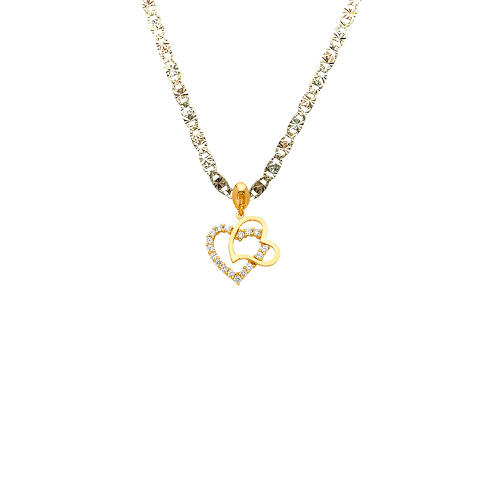 14k Gold Heart Necklace -  Double Gemstone Gold Heart Pendant - Solid Chain - LE1774