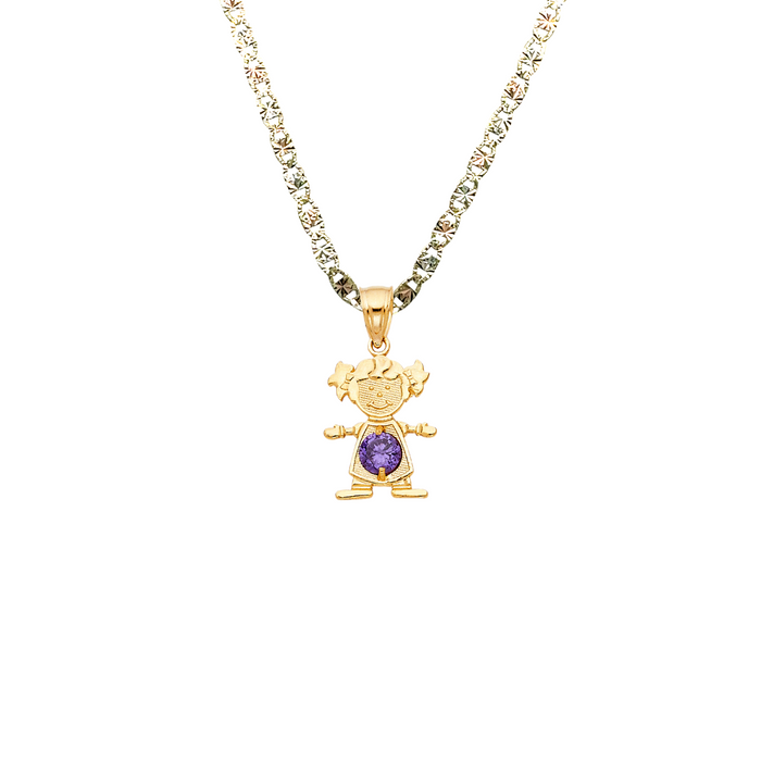 14k Gold Birthstone Necklace - February Girl Daughter Niña Gemstone Gold Pendant - Solid Chain - LE066002