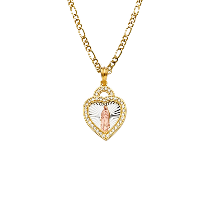 14k Gold Virgin Mary Necklace - Two Tone Heart Gemstone Virgin Mary Gold Pendant - Solid Chain - LE2295