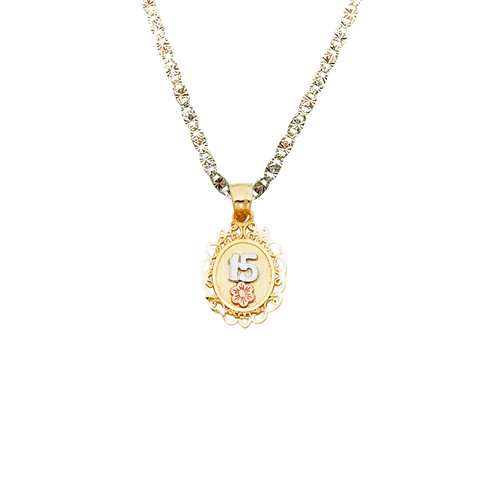 14k Quince Gold Necklace - Tri Tone Flower 15 Gold Pendant - Solid Chain - LE0371