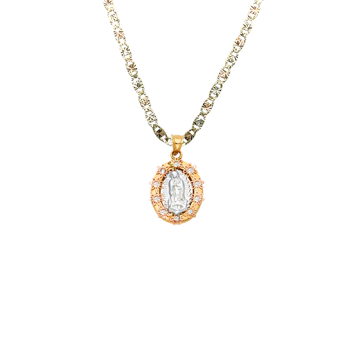 14k Gold Virgin Mary Necklace - Oval Flower Gemstone Virgin Mary Gold Pendant - Solid Chain - LE1320