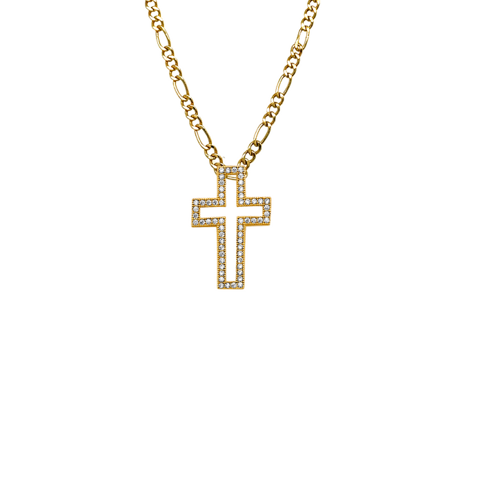 14k Gold Cross Necklace - Gemstone Outline Gold Cross - Solid Chain - LE2606