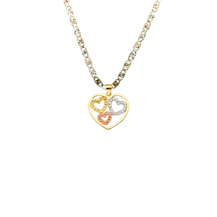 14k Gold Heart Necklace - Tri Tone Gold Hearts Pendant - Solid Chain - LE2367