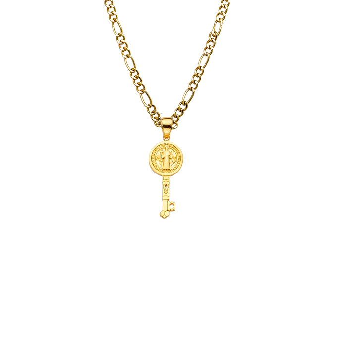 14k Gold Medalla San Benito - Key San Benito Gold Pendant - Solid Chain - LE2267