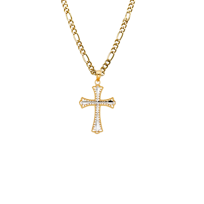 14k Gold Cross Necklace - Two Tone Diamond Cut Gold Cross - Solid Chain - LE0919