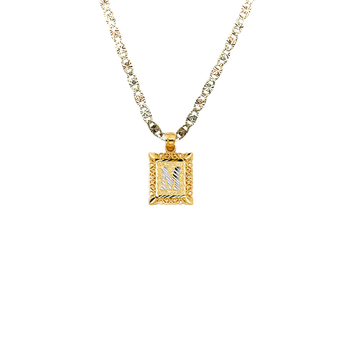 14k Gold Initial Necklace - Two Tone Square Initial Gold Pendant - Solid Valentino Chain - LE2051VC