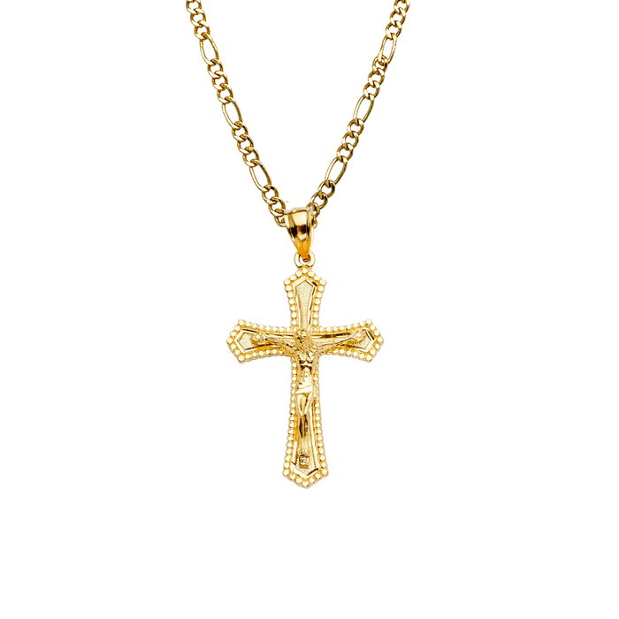 14k Gold Cross Necklace - Dotted Edge Gold Crucifix - Solid Figaro Chain - LE2182
