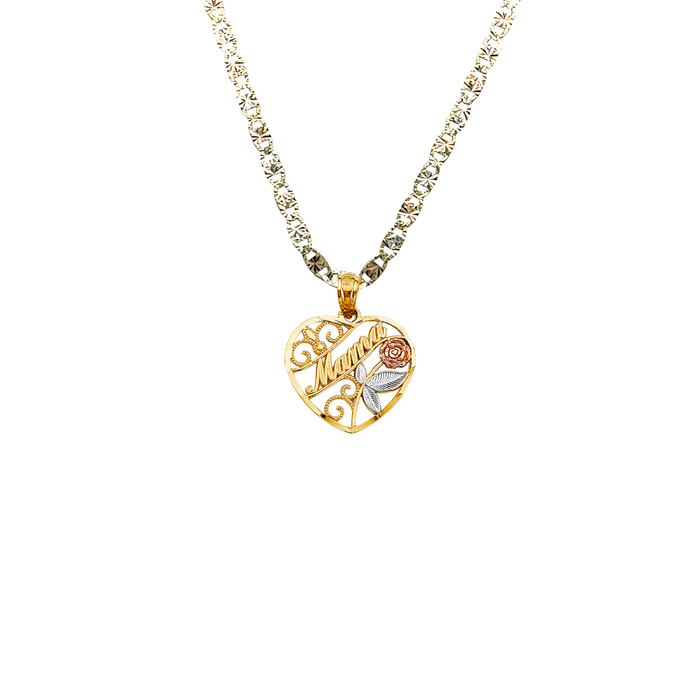 14k Gold Mom Necklace - Tri Tone Flower Heart Mama Gold Pendant - Solid Chain - LE2691