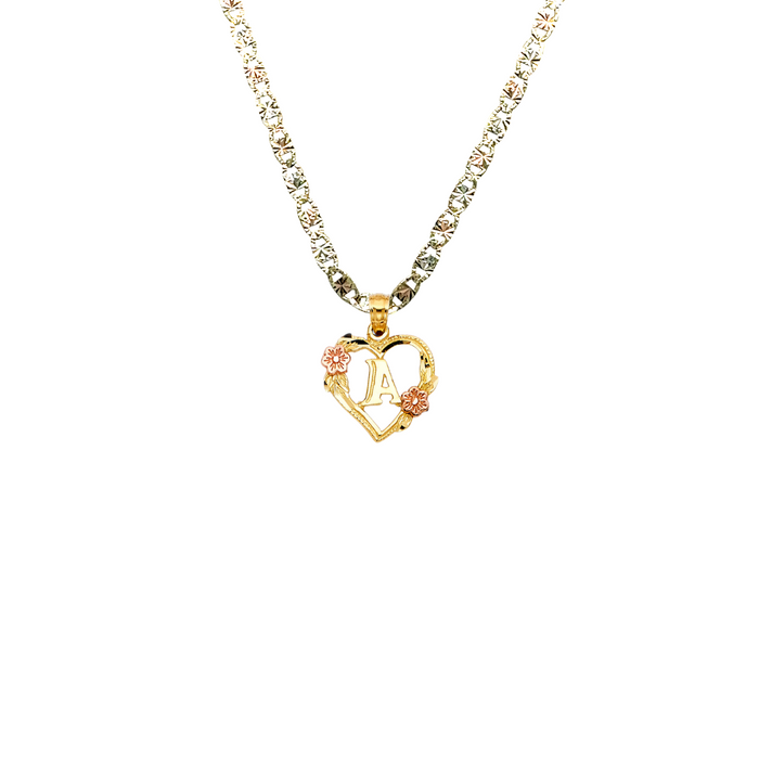 14k Gold Initial Necklace - Two Tone Flowers Heart Initial Gold Pendant - Solid Valentino Chain - LE2052VC
