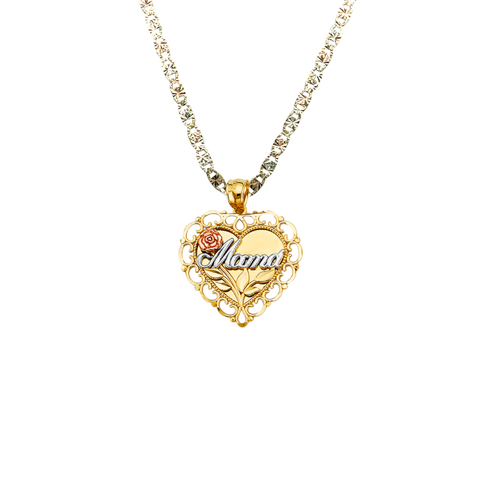 14k Gold Mom Necklace - Tri Tone Round Mama Heart Gold Pendant - Solid Chain - LE2690
