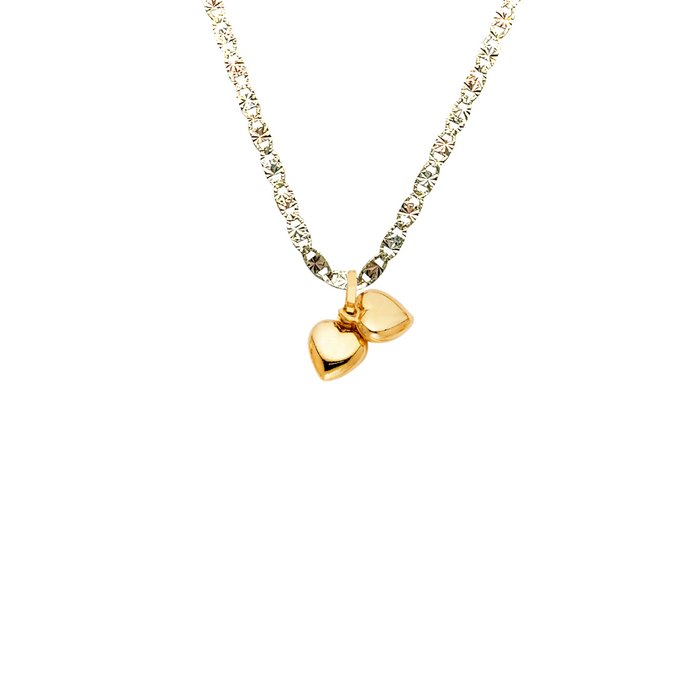 14k Gold Heart Necklace - Two High Polish Dainty Hearts Gold Pendant - Solid Chain - LE0447