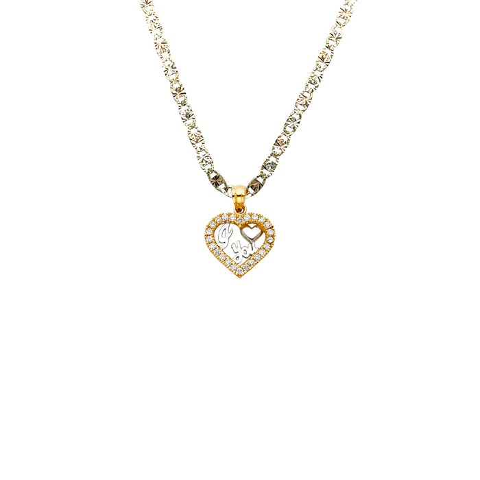 14k Gold Heart Necklace - Two Tone I Love You Gemstone Gold Heart Pendant - Solid Chain - LE1817