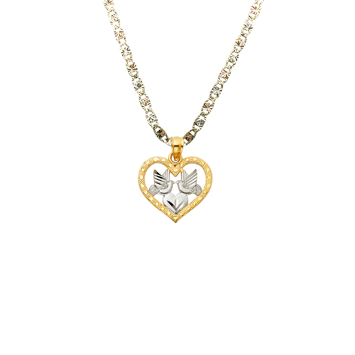 14k Gold Heart Necklace - Two Tone Love Birds Gold Heart Pendant - Solid Chain - LE1498