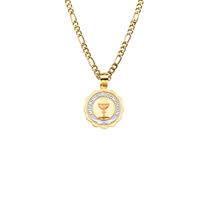 14k Gold First Communion Necklace - Tri Tone Mi Primera Comunion Gold Pendant - Solid Chain - LE2280