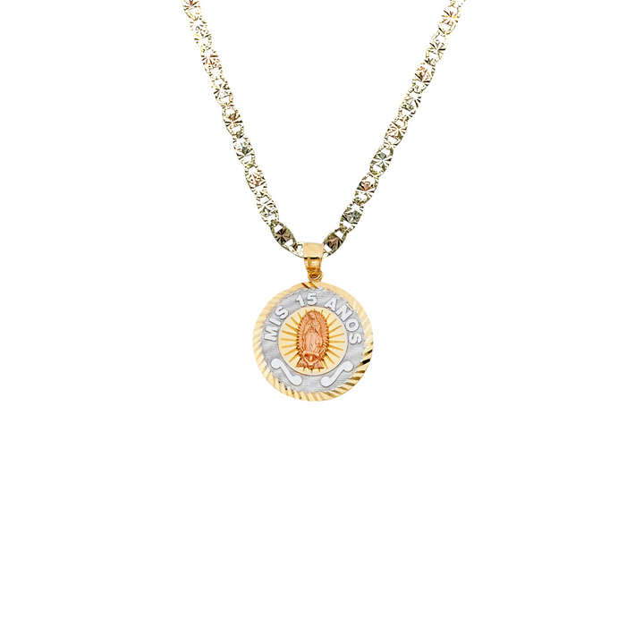 14k Quince Gold Necklace - Tri Tone Virgin Mary Mis 15 Años Gold Pendant - Solid Chain - LE1896