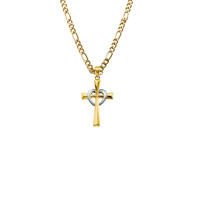 14k Gold Cross Necklace - Two Tone Heart Gold Cross - Solid Chain - LE2963