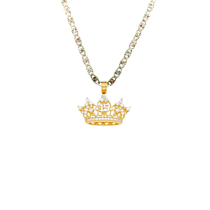 14k Quince Gold Necklace - Gemstone Crown 15 Gold Pendant - Solid Chain - LE2145