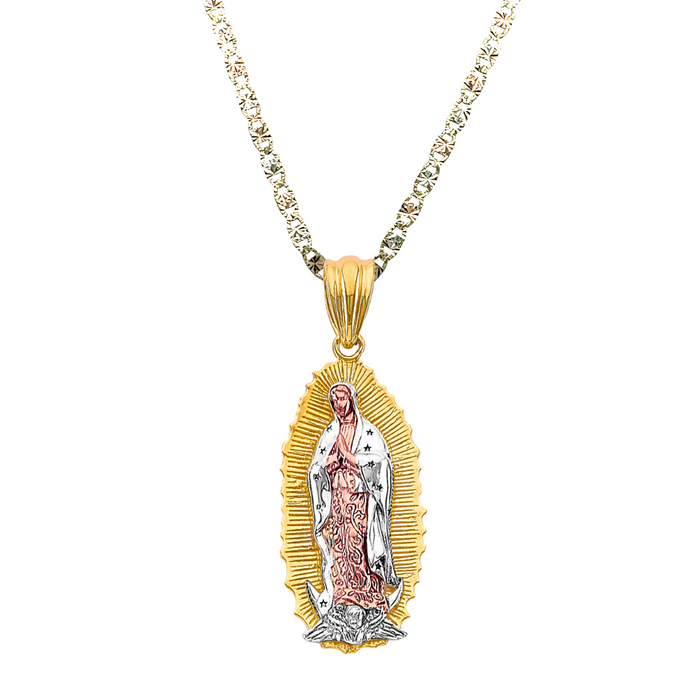 14k Gold Virgin Mary Necklace - Large Tri Tone Virgin Mary Gold Pendant - Solid Chain - LE3177