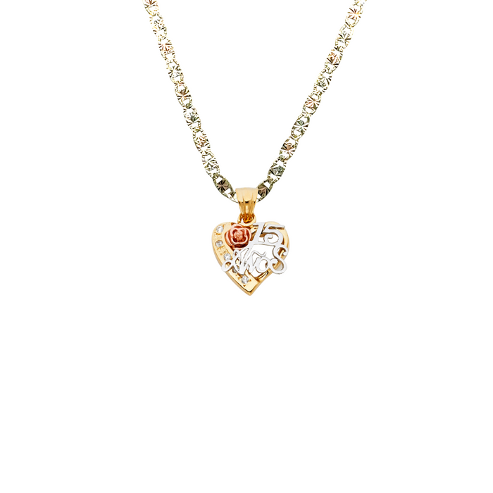 14k Quince Gold Necklace - Tri Tone Gemstone Heart 15 Gold Pendant - Solid Chain - LE1866