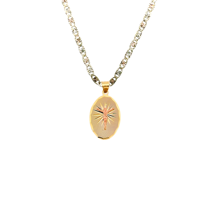 14k Gold Jesus Necklace - Diamond Cut Oval Jesus Gold Pendant - Solid Chain - LE2905