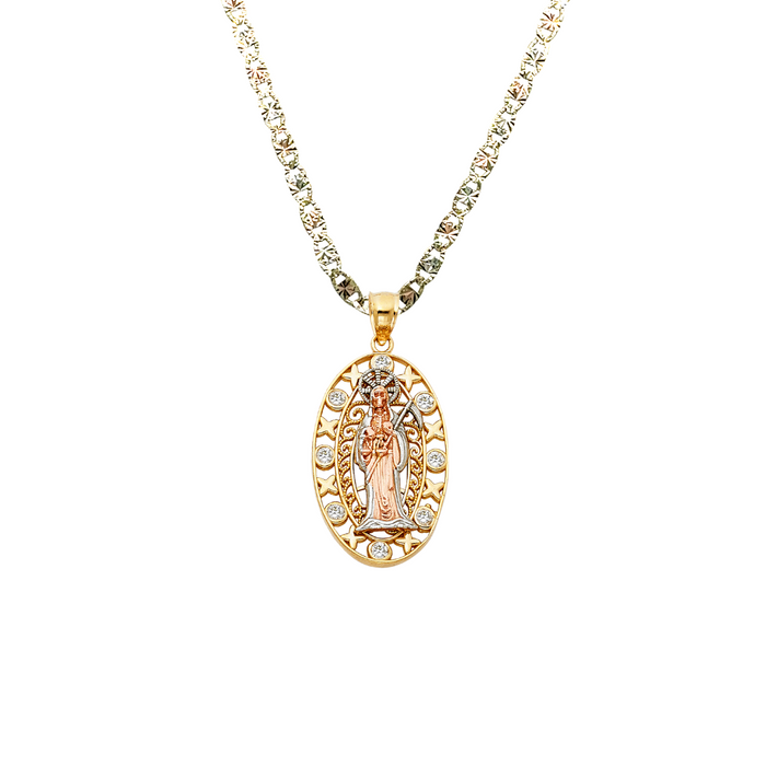 14k Gold Santa Muerte Necklace - Tri Tone Gemstone Oval Santa Muerte Gold Pendant - Solid Chain - LE1163