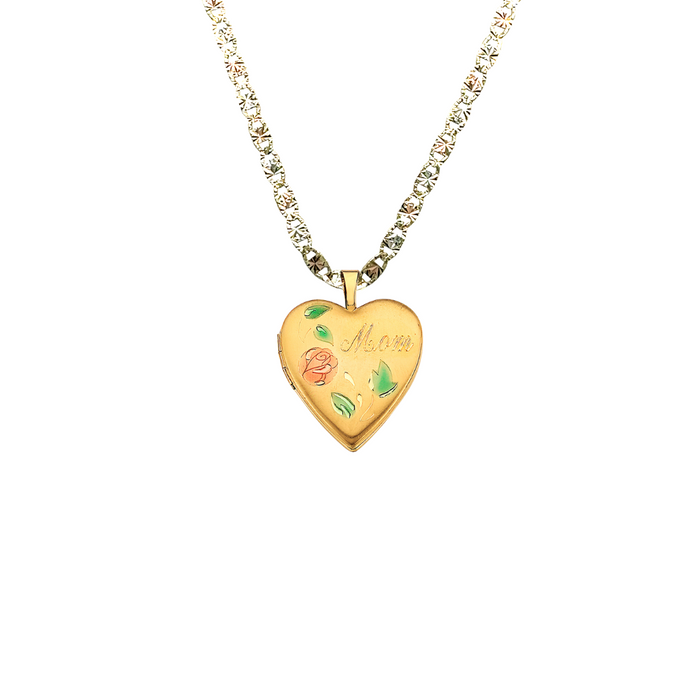 14k Gold Mom Necklace - Mom Heart Picture Locket Gold Pendant - Solid Chain - LE2584