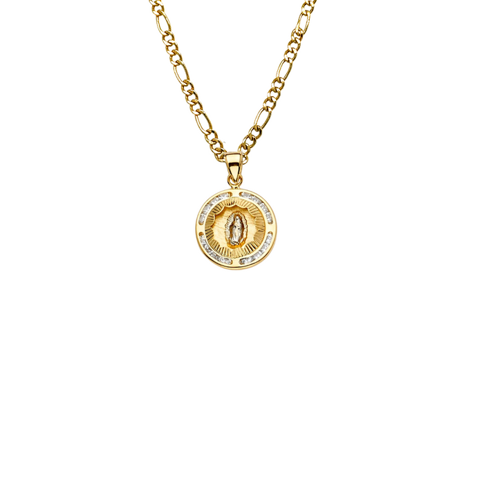 14k Gold Virgin Mary Necklace - Round Gemstone Virgin Mary Gold Pendant - Solid Chain - LE2308