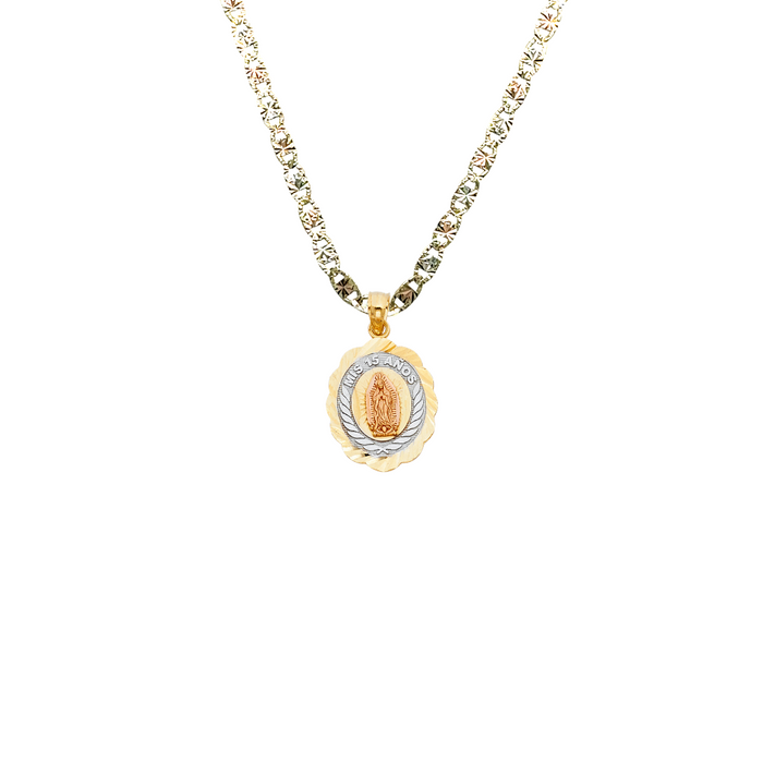 14k Quince Gold Necklace - Tri Tone Virgin Mary Mis 15 Años Gold Pendant - Solid Chain - LE1898