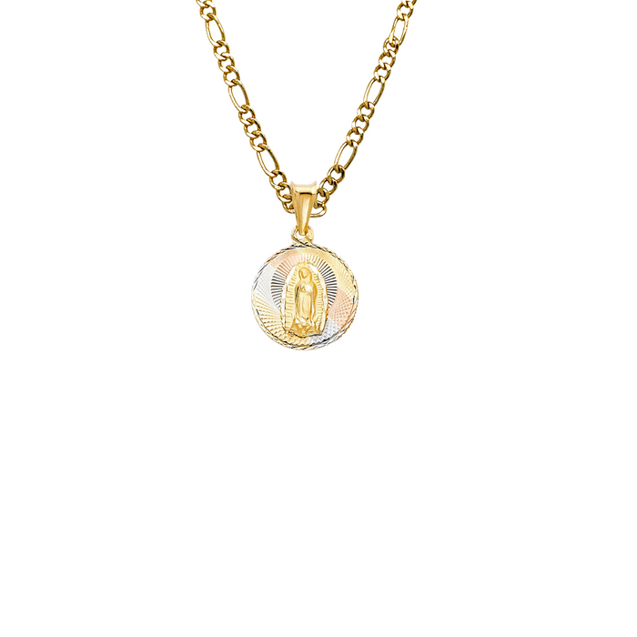 14k Gold Virgin Mary Necklace - Tri Tone Double Sided Virgin Mary Jesus Gold Pendant - Solid Chain - LE0313