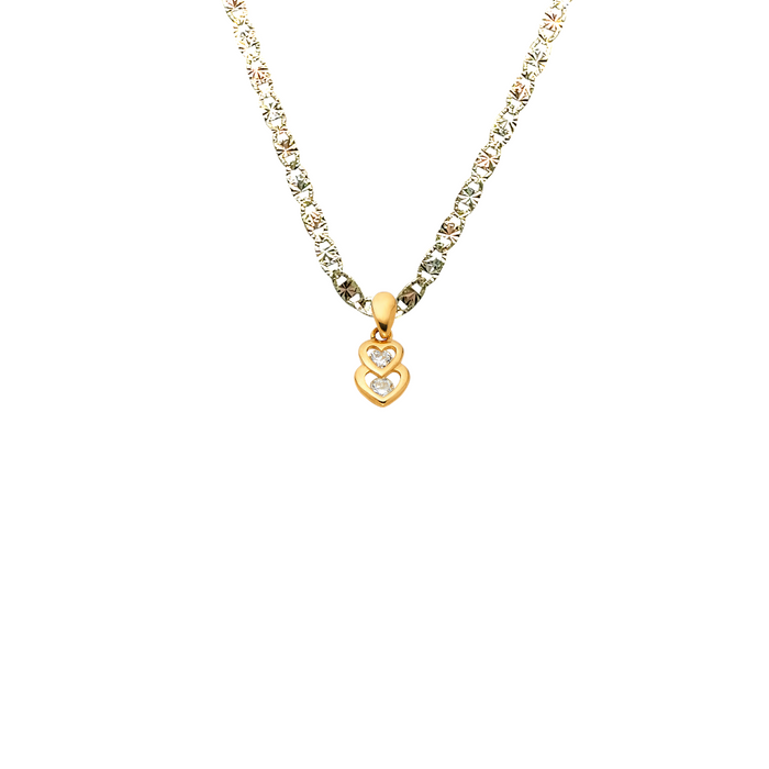 14k Gold Heart Necklace - Double Gemstone Gold Heart Pendant - Solid Chain - LE0586