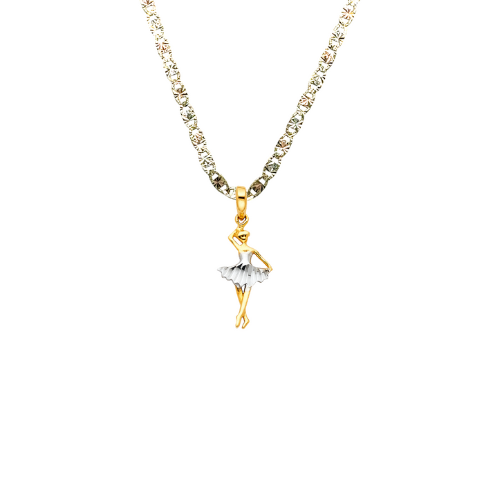 14k Quince Gold Necklace - Two Tone Dancing Quinceanera Gold Pendant - Solid Chain - LE0772