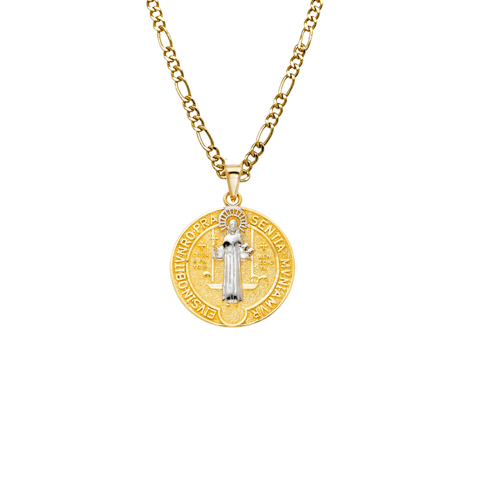 14k Gold Medalla San Benito - Two Tone San Benito Gold Pendant - Solid Chain - LE0754