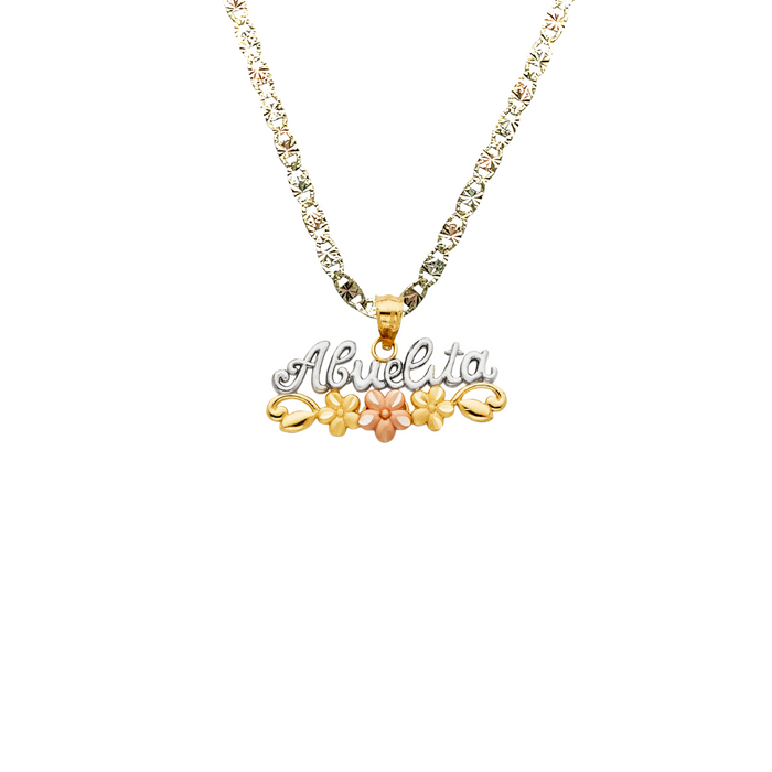 14k Gold Mom Necklace - Tri Tone Abuelita Flowers Gold Pendant - Solid Chain - LE2128