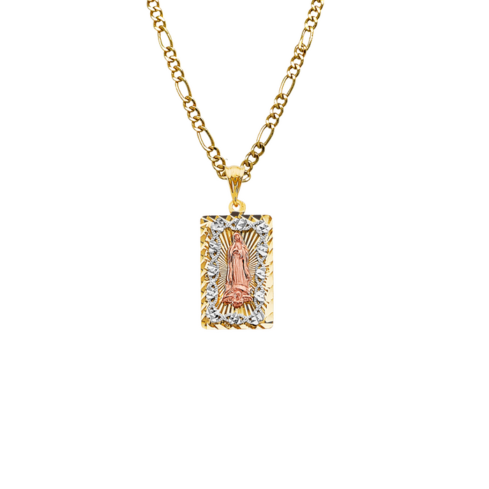 14k Gold Virgin Mary Necklace - Tri Tone Diamond Cut Virgin Mary Gold Pendant - Solid Chain - LE3208