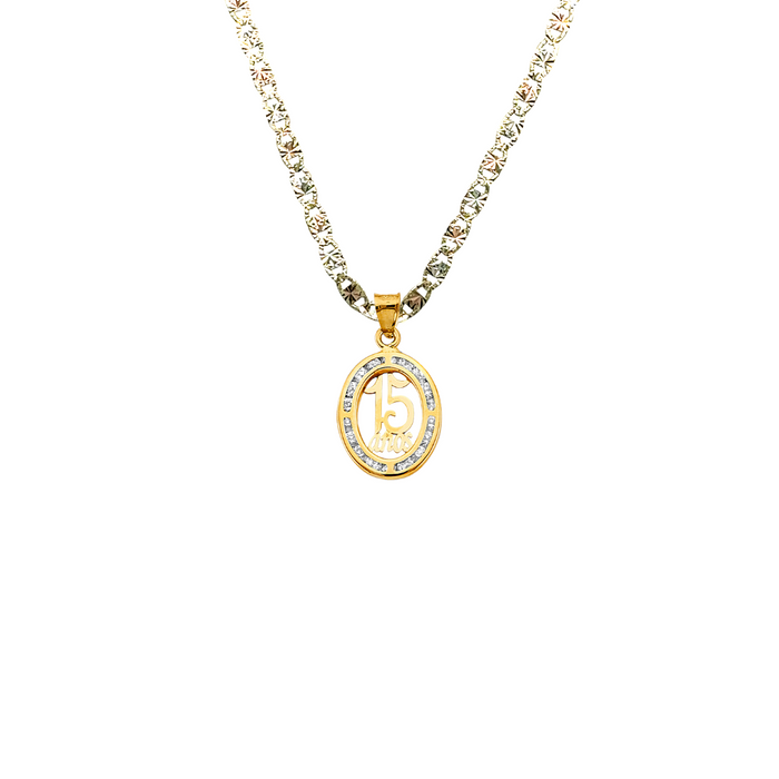 14k Quince Gold Necklace - Gemstone Oval 15 Años Gold Pendant - Solid Chain - LE2952