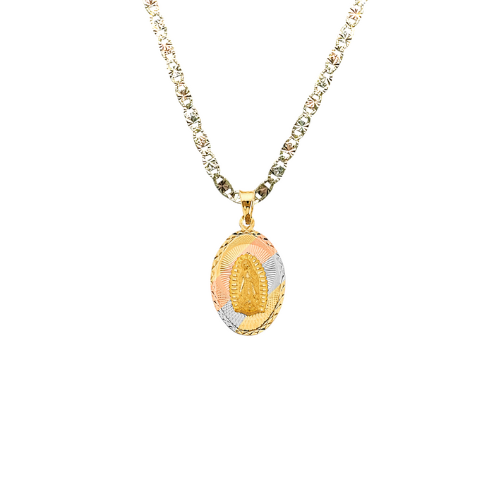 14k Gold Virgin Mary Necklace - Tri Tone Diamond Cut Virgin Mary Christ Gold Pendant - Solid Chain - LE3147
