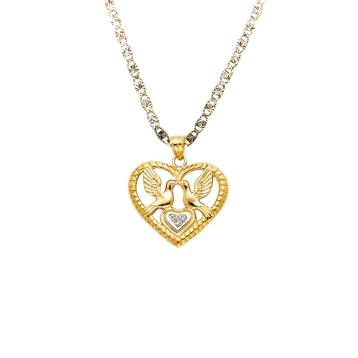 14k Gold Heart Necklace - Love Birds Gemstone Gold Heart Pendant - Solid Chain - LE1499