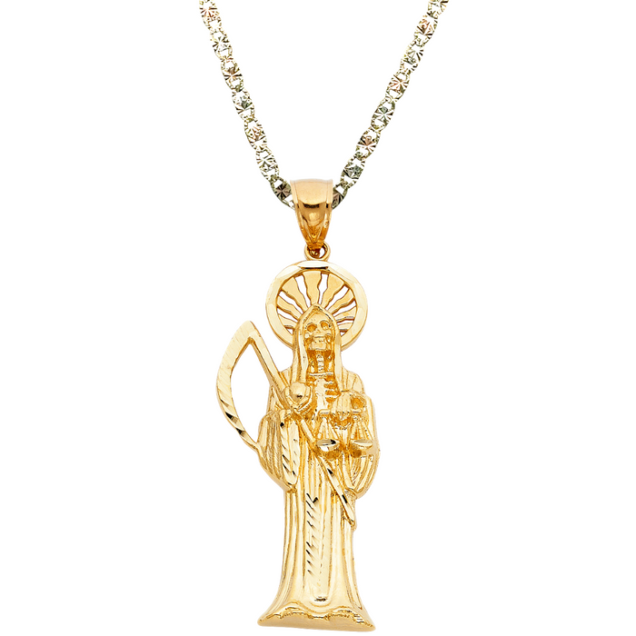 14k Gold Santa Muerte Necklace - XLarge Diamond Cut Santa Muerte Gold Pendant - Solid Chain - LE1156