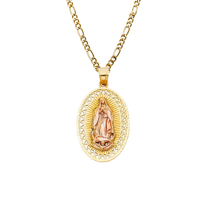 14k Gold Virgin Mary Necklace - Two Tone Heart Bezel Virgin Mary Gold Pendant - Solid Chain - LE1105