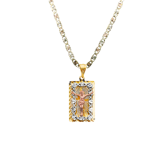 14k Gold Jesus Necklace - Tri Tone Diamond Cut Jesus Gold Pendant - Solid Chain - LE3209