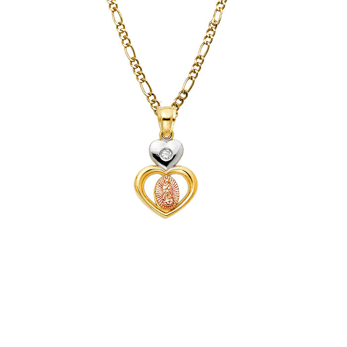 14k Gold Virgin Mary Necklace - Tri Tone Heart Gemstone Virgin Mary Gold Pendant - Solid Chain - LE1127