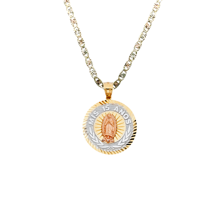 14k Quince Gold Necklace - Tri Tone Virgin Mary Mis 15 Años Gold Pendant - Solid Chain - LE1897