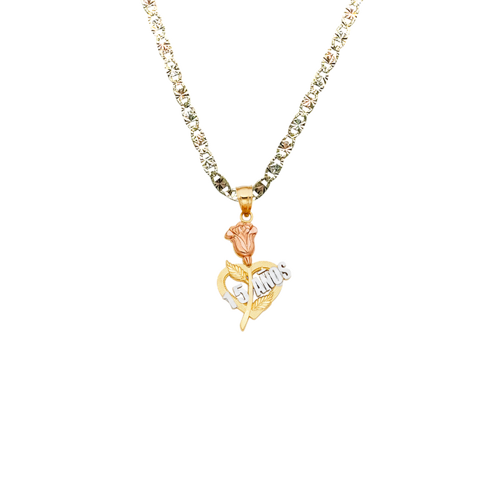 14k Quince Gold Necklace - Tri Tone Rose Heart 15 Años Gold Pendant - Solid Chain - LE1913