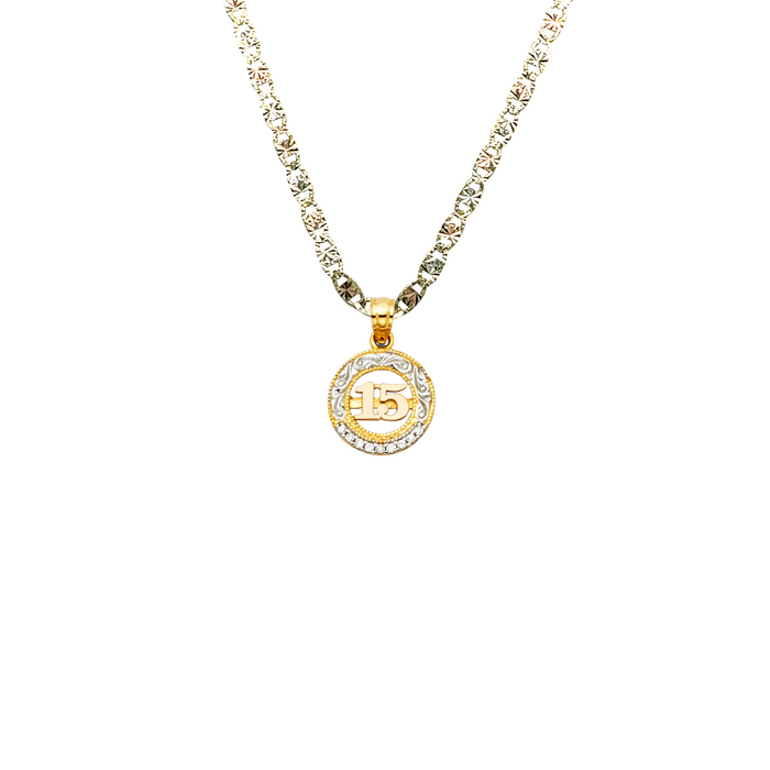 14k Quince Gold Necklace - Two Tone Round Gemstone 15 Gold Pendant - Solid Chain - LE1884