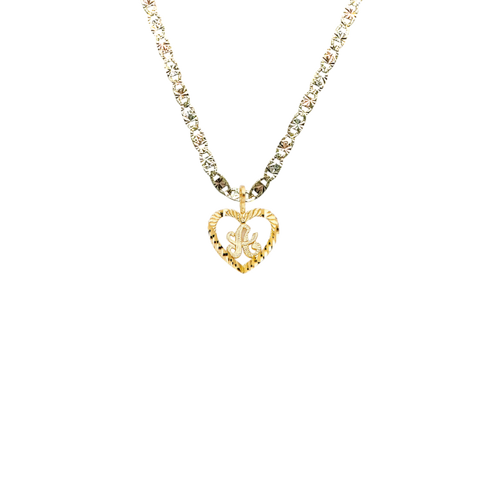 14k Gold Initial Necklace - Diamond Cut Cursive Heart Initial Gold Pendant - Solid Valentino Chain - LE2054VC